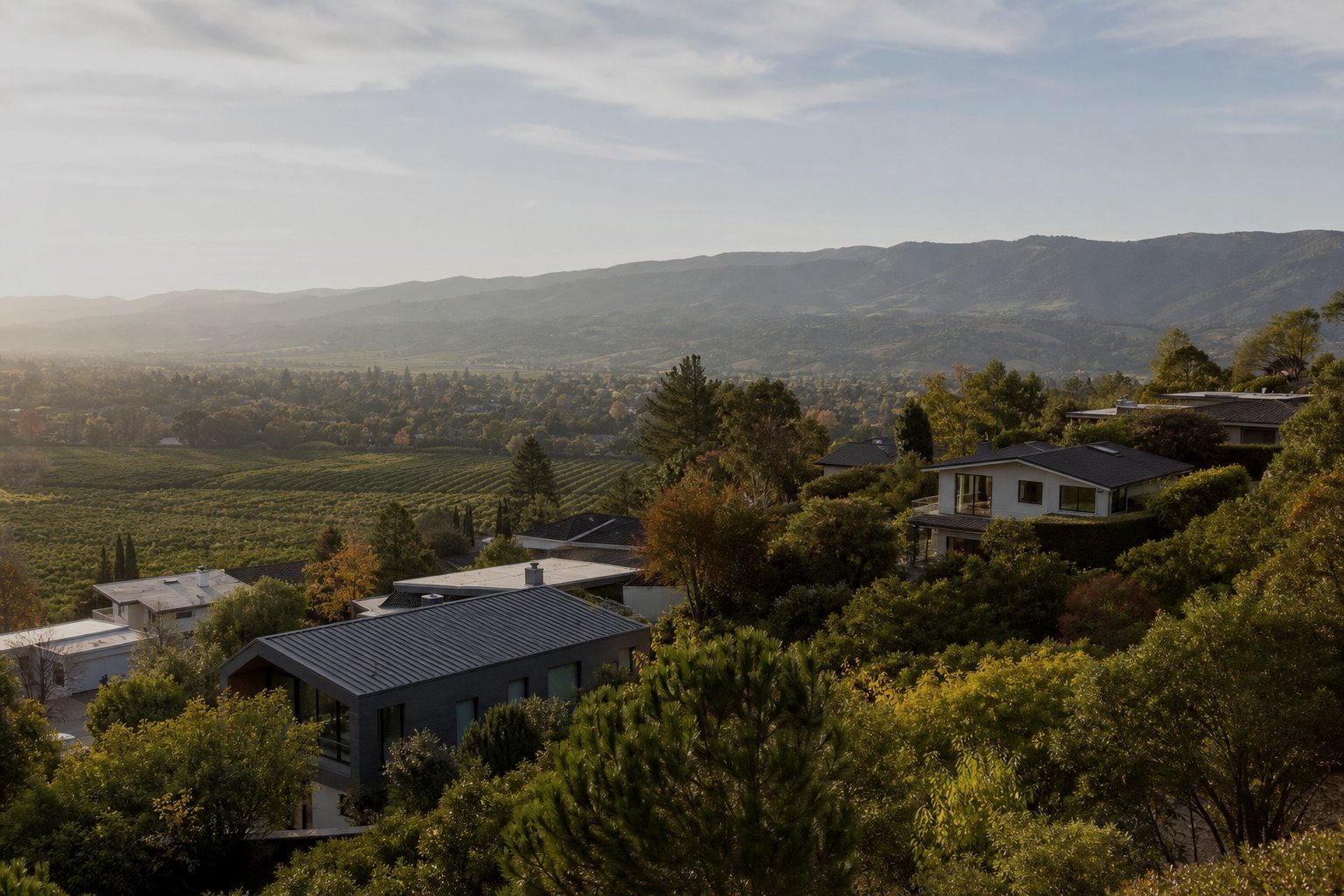AI-generated concept image of South Bay foothill homes near Cupertino, California