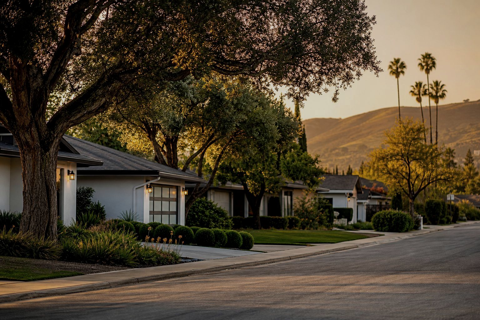 AI-generated concept image of a Silicon Valley residential street at golden hour, representing the South Bay neighborhoods Tony Vo serves